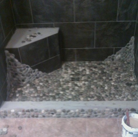 pebble shower floor with porcelain tile walls in Hummelstown, Pa
