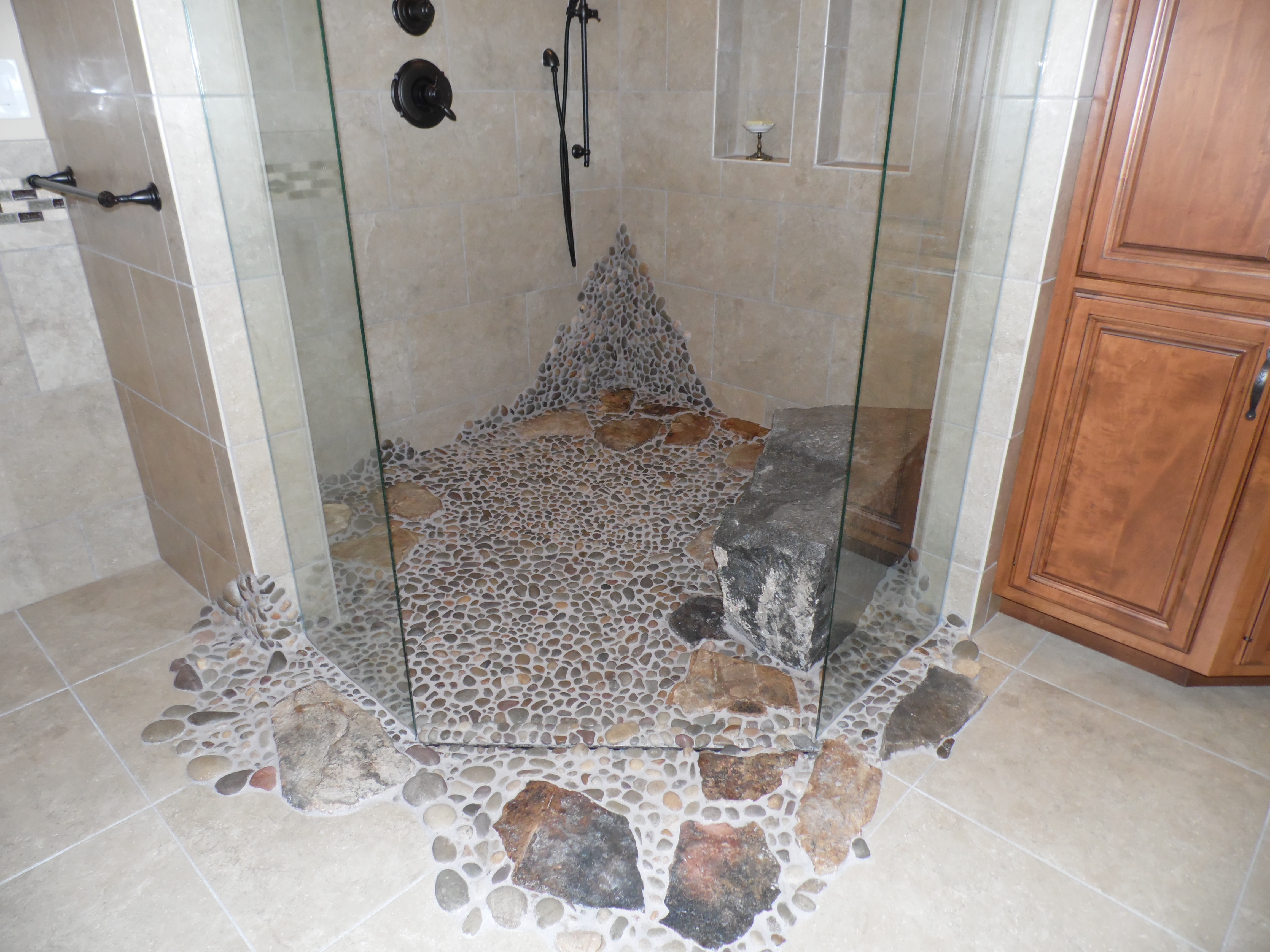 Custom Tiled Shower With Pebble Floor Harrisburg Pa